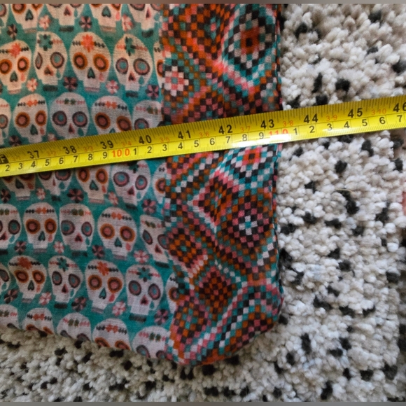 Infinity scarf. Sheer. Pink & blue sugar skull and geometric print. - Picture 4 of 5